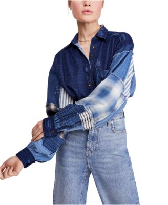 Free People - Patchwork-Sleeve Frayed-Edge Shirt