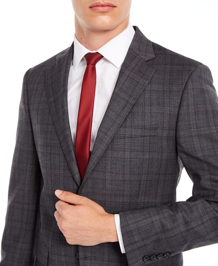 Calvin Klein Men's X SlimFit Stretch Gray/Burgundy Plaid Suit Separate
