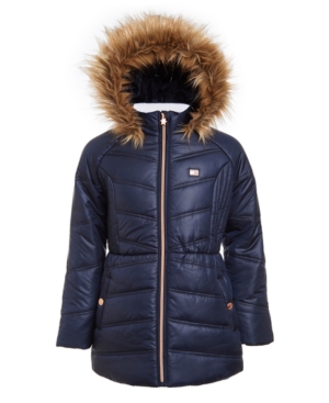 Tommy Hilfiger Kids' Big Girls Puffer Jacket With Faux Fur Hood In Navy