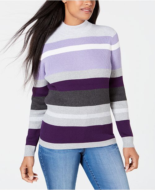 Karen Scott Petite Cotton Striped Ribbed Sweater Created For