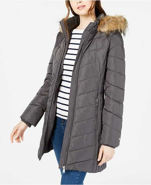 Tommy Hilfiger Chevron Faux Fur Trim Hooded Puffer Coat Created For Macy S Reviews Coats Women Macy S