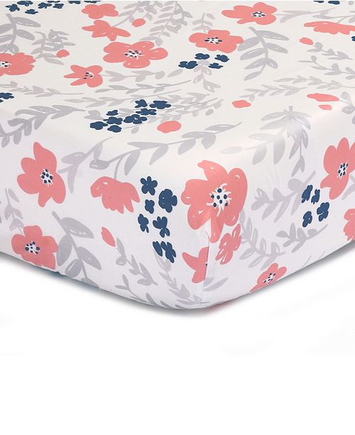 The Peanutshell Coral Navy Floral Print Cotton Fitted Crib Sheet
