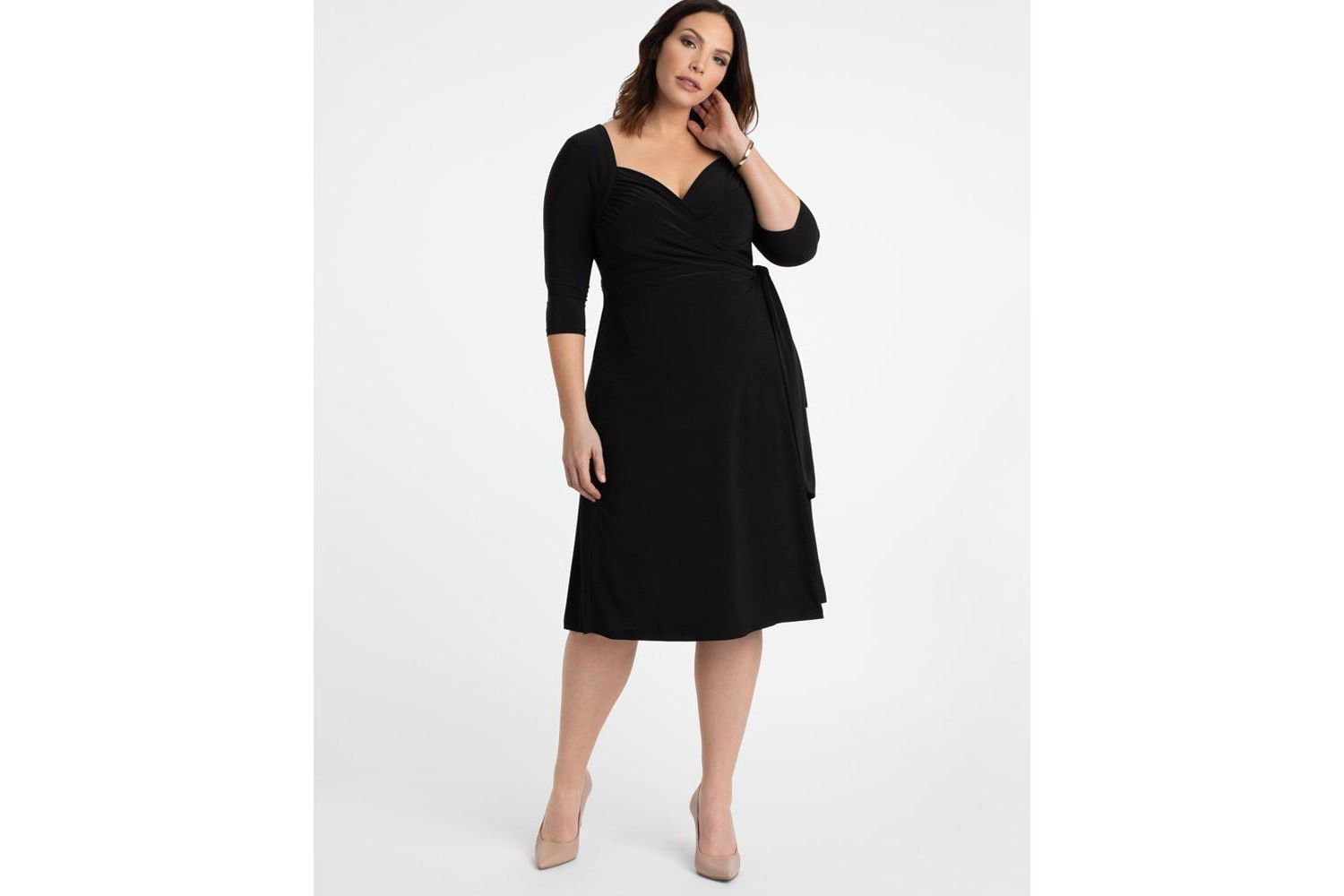 Plus Size Sweetheart Knit Wrap Dress with 3/4 Sleeves