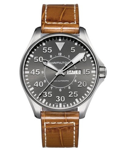 Hamilton Watch, Men's Swiss Automatic Khaki Pilot Brown Leather Strap 46mm H64715885