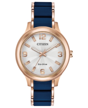 image of Drive From Citizen Eco-Drive Women-s Rose Gold-Tone Stainless Steel & Blue Silicone Bracelet Watch 36mm