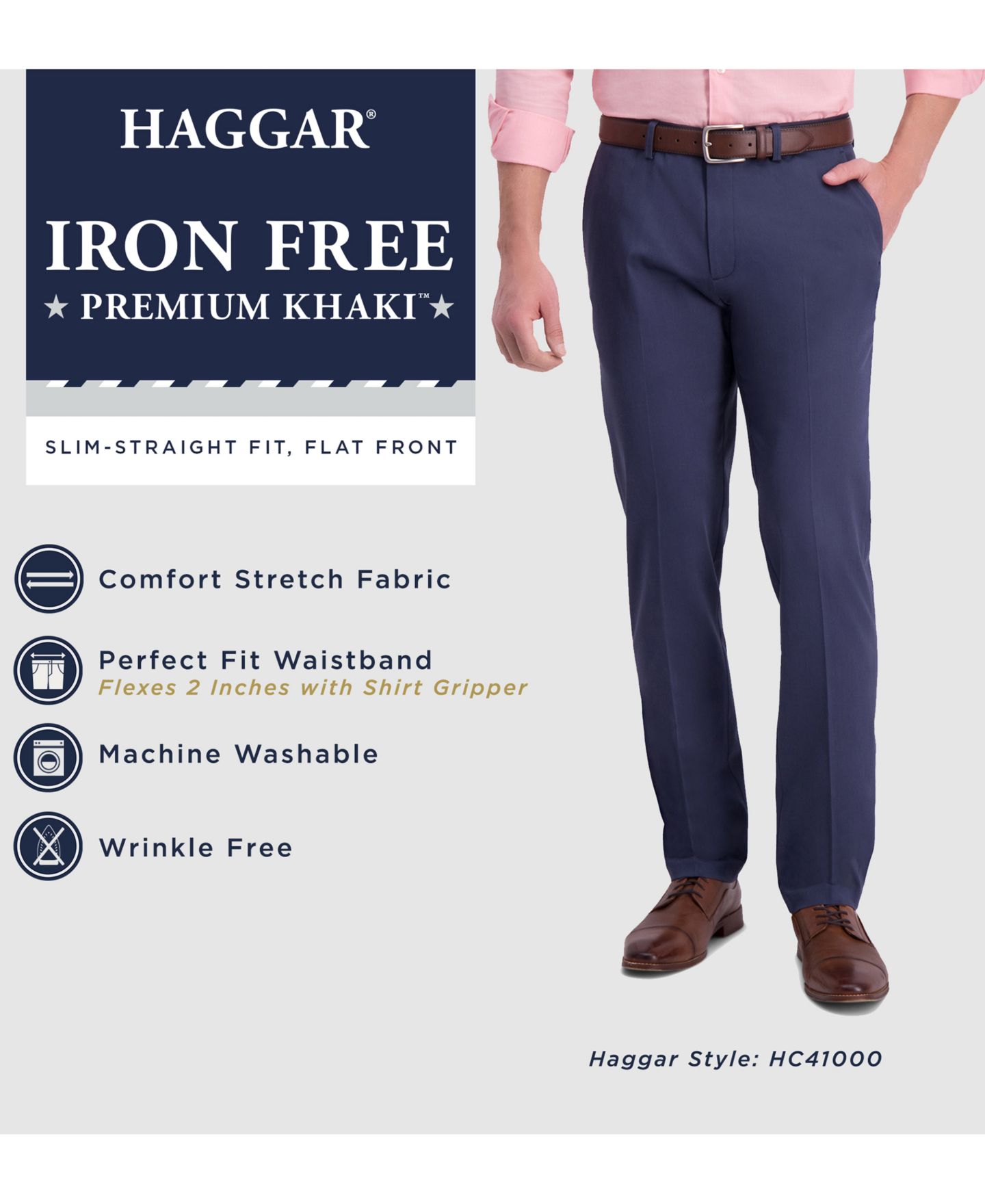 Мужские брюки Haggar Iron Free Premium Khaki Slim-Fit Flat-Front Pant, цвет: Чёрный — фото 4
