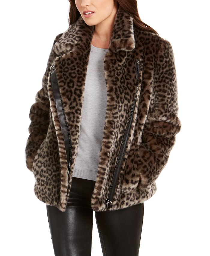 Calvin Klein Leopard-Print Faux-Fur Moto Coat & Reviews - Coats & Jackets -  Women - Macy's