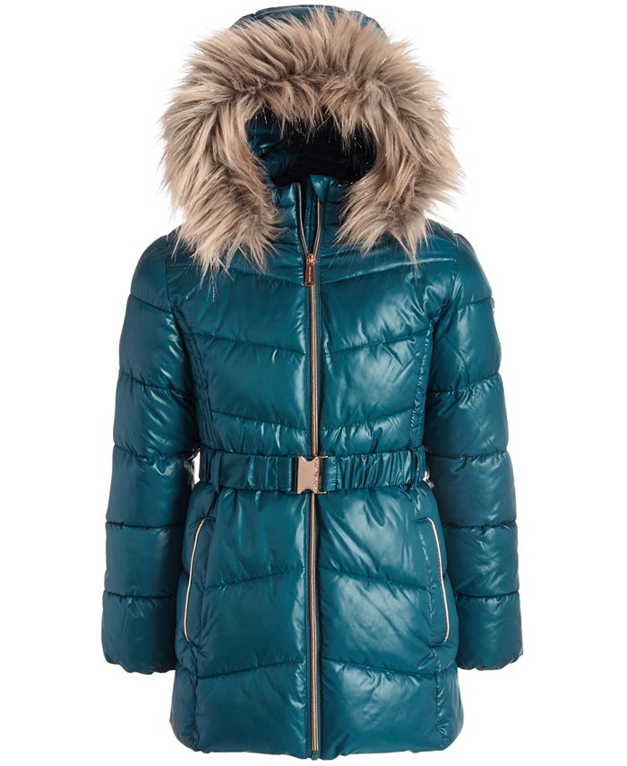 Michael Kors Big Girls Belted Puffer Jacket With Removable Faux-Fur ...