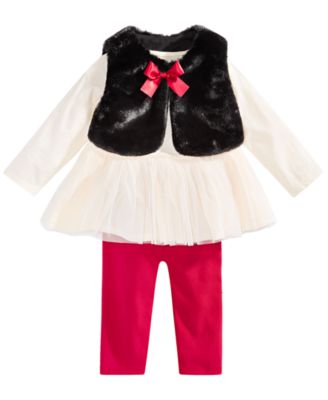 First Impressions - Baby Girls 3-Pc. Faux-Fur Vest, Tulle-Hem Tunic & Leggings Set