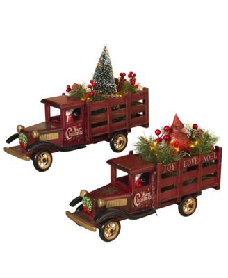 Sterling - Lighted, Wooden Antique Trucks Hauling  Christmas Tree and Cardinal Figurine (Set of 2)