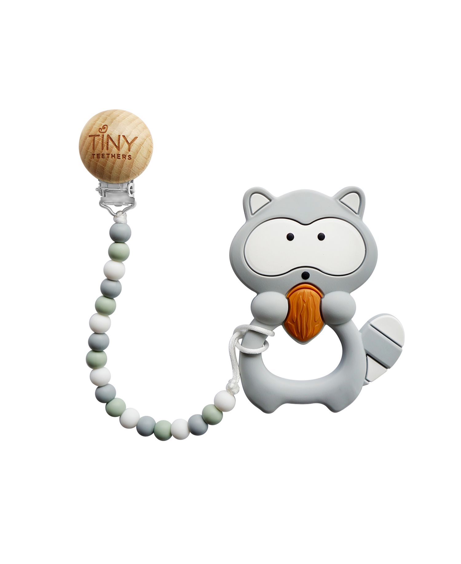 3 Stories Trading Tiny Teethers Infant Silicone Pacifier Clip With Large Removable Teether, Raccoon
