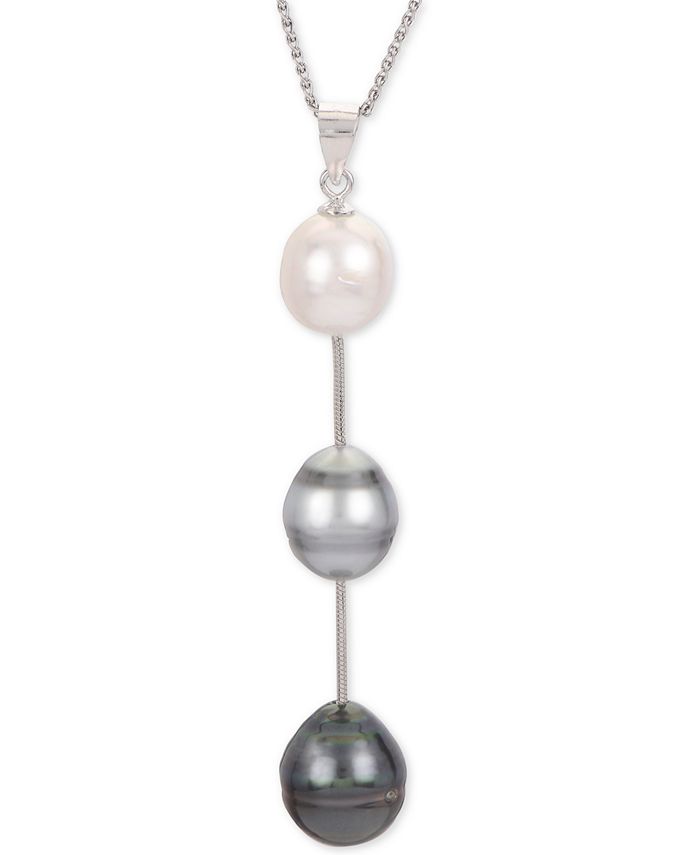 Macy's - Cultured White South Sea Pearl (8mm), Cultured Gray Tahitian Pearl (9mm) & Cultured Black Tahitian Pearl (10mm) 18" Pendant Necklace in Sterling Silver