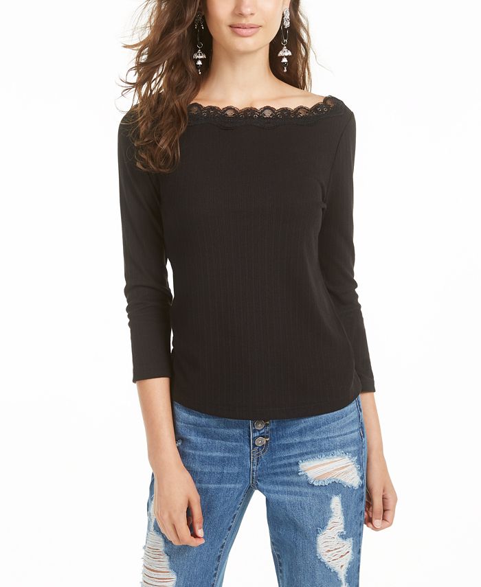 American Rag Juniors' Lace-Trimmed Pointelle-Knit Top, Created for Macy ...