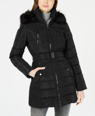 belted coat with faux fur trim hood