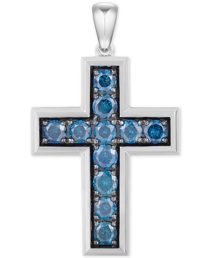 White Gold Finish Real Blue Diamond Ladies Designer Cross Pendant 1/10 CT 1.1"