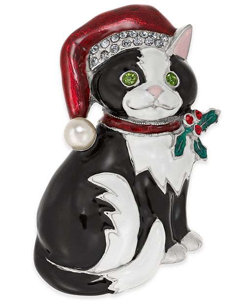 Charter Club Silver Tone Pave Imitation Pearl Cat Pin Created