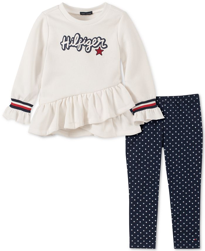 Tommy Hilfiger Little Girls Ruffled Sweatshirt & Printed Leggings Set ...