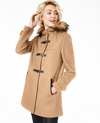Cole Haan Signature Faux Fur Trim, Wool Coat With Fur Trimmed Hood