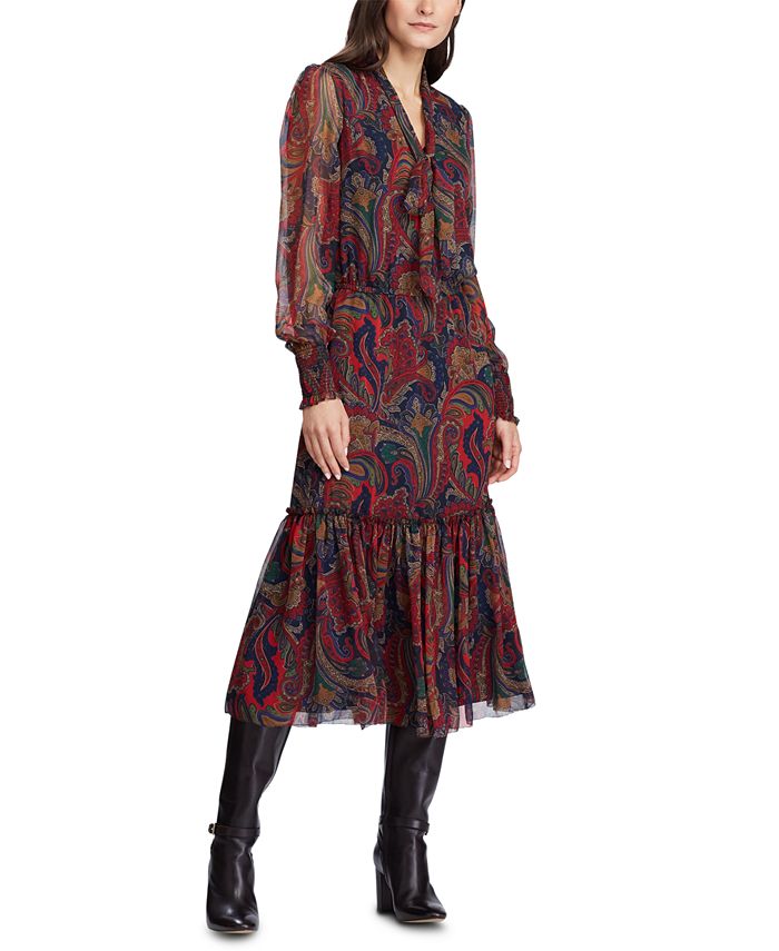 Lauren Ralph Lauren Paisley-Print Tie-Neck Georgette Dress - Macy's