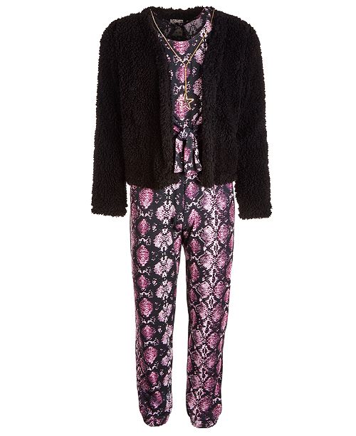 Belle Du Jour Big Girls 3 Pc Animal Print Jumpsuit Fleece Jacket