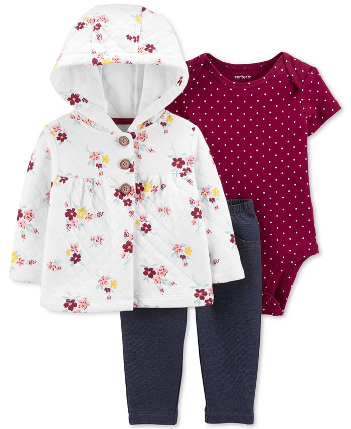 Carters Baby Girl's 3 Pc Floral Dots Bodysuit & Jacket Set Red