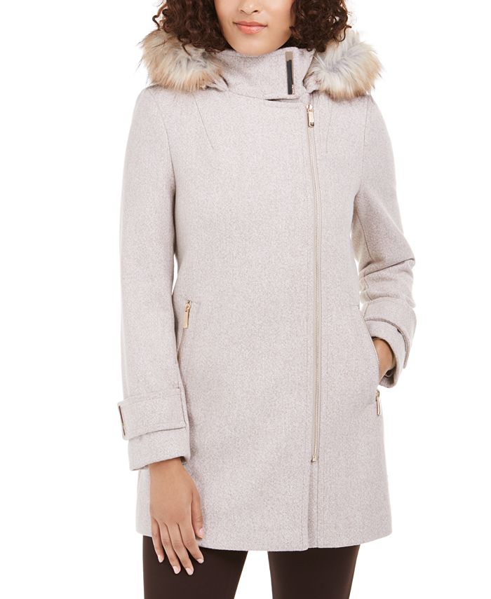 Calvin Klein Faux-Fur-Trim Hooded Asymmetrical Coat - Macy's