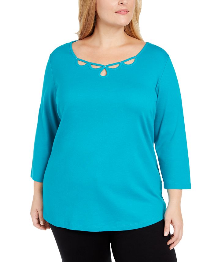Karen Scott Plus Size Cotton Rhinestone Keyhole Sweater, Created for ...