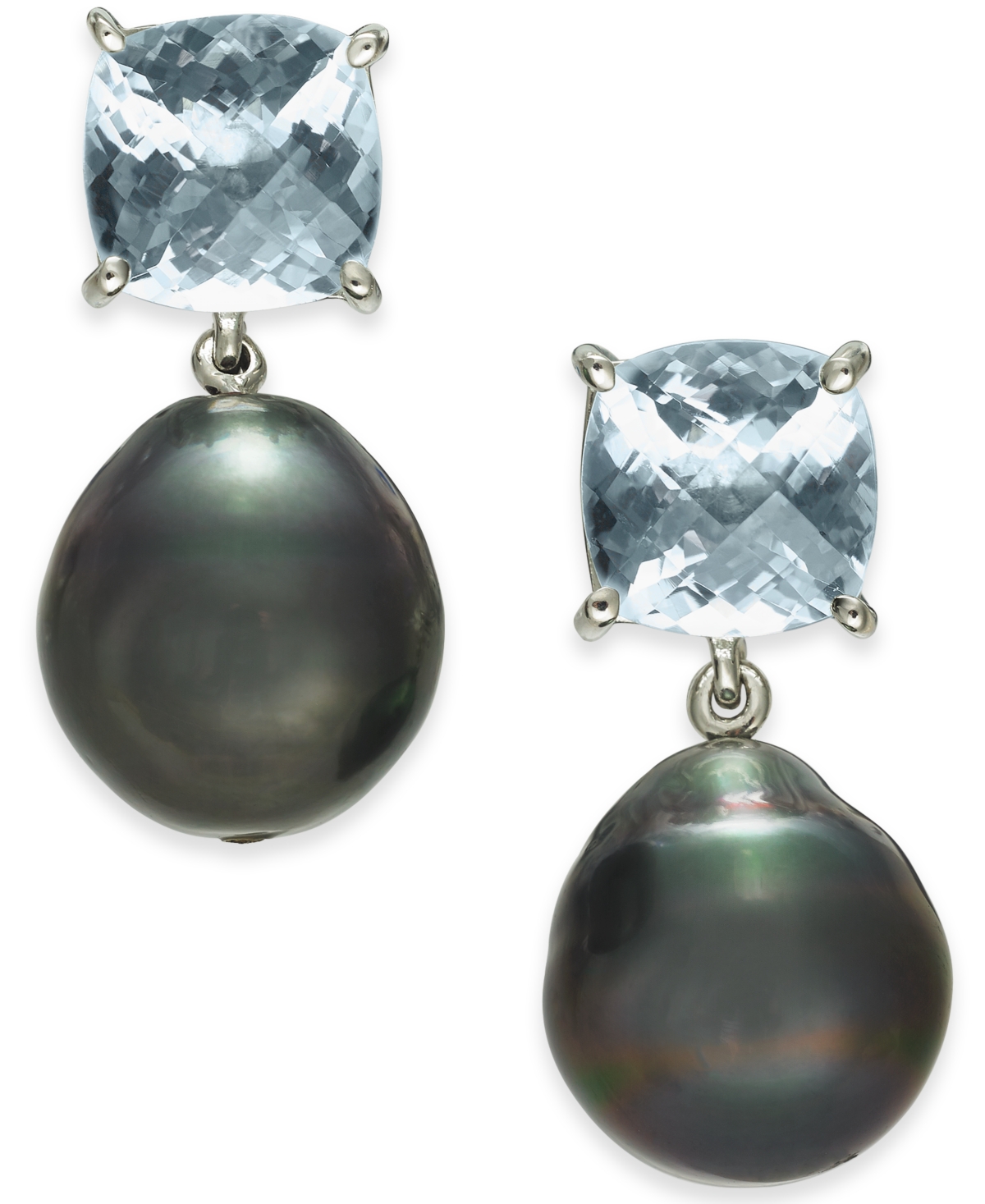 Cultured Tahitian Pearl (12mm) & Aquamarine (5 ct. t.w.) Drop Earrings in Sterling Silver - Silver