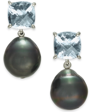 image of Cultured Tahitian Pearl (12mm) & Aquamarine (5 ct. t.w.) Drop Earrings in Sterling Silver