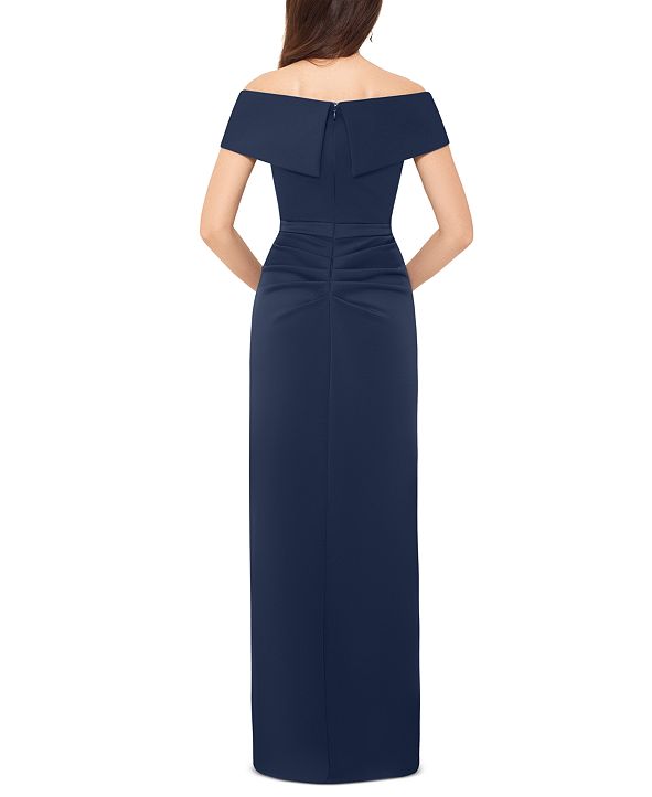 xscape ruffle off the shoulder gown