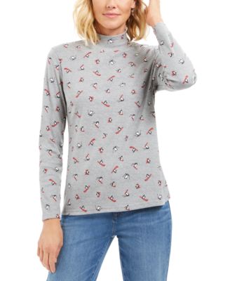 Karen Scott - Skiing Penguins Printed Mock-Neck Top
