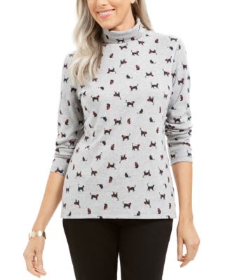 Karen Scott - Cat & Bow Printed Turtleneck Top