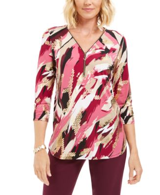 JM Collection Zipper-Trim Metallic-Print Top, Created for Macy's