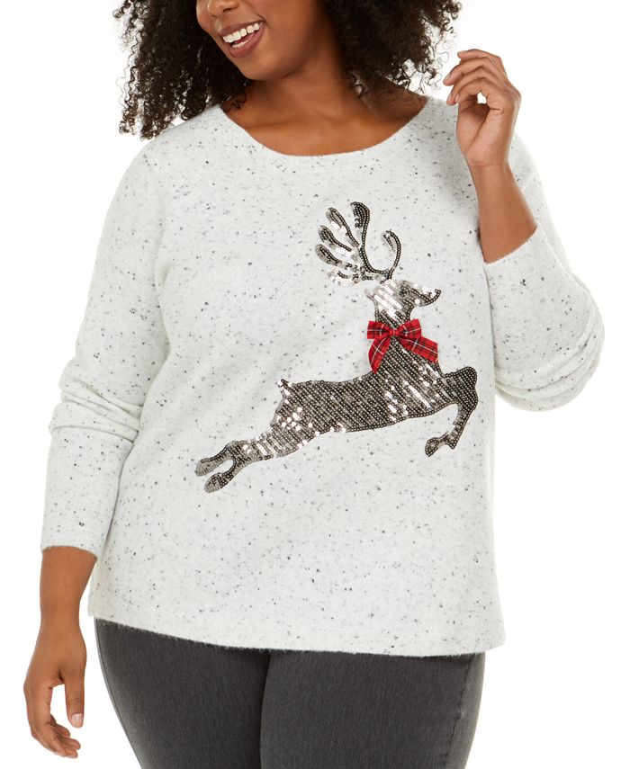 Karen Scott Plus Size Sequined Reindeer Sweater, Created for Macy's ...