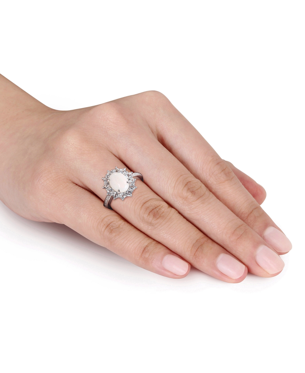 Oval Cut(1 ct. t.w.), White Topaz (1 ct. t.w.) and Diamond (1/10 ct. t.w.) Halo Ring in Sterling Sterling Silver - Opal