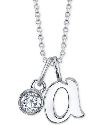 Unwritten - Initial & Cubic Zirconia Pendant Necklace in Fine Silver-Plate, 16" + 2" extender