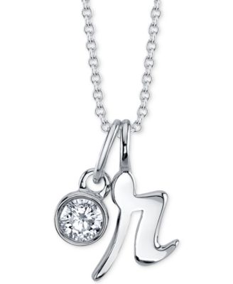 Photo 1 of Unwritten Initial (R) & Cubic Zirconia Silver-Plated Charm Pendant Necklace, 16" + 2" extender