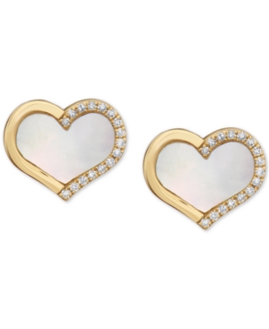 image of Effy Mother-of-Pearl & Diamond (1/10 ct. t.w.) Heart Stud Earrings in 14k Gold