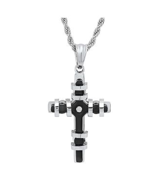Men's Two Toned black IP Plated Stainless Steel Cross Pendant with Simulated Diamond Necklaces