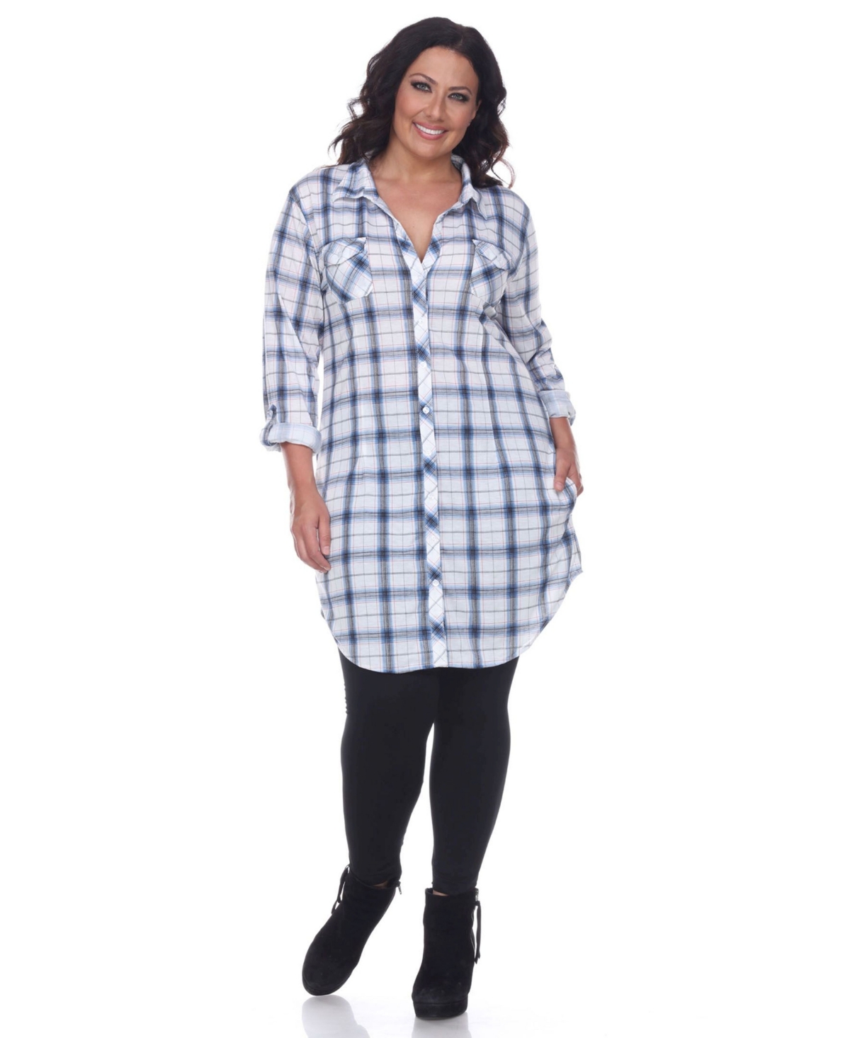 White Mark Plus Piper Womens Plaid Button Front Tunic Top In Blue White