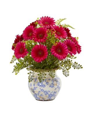 Nearly Natural - Gerber Daisy and Maiden Hair Artificial Arrangement in Vase