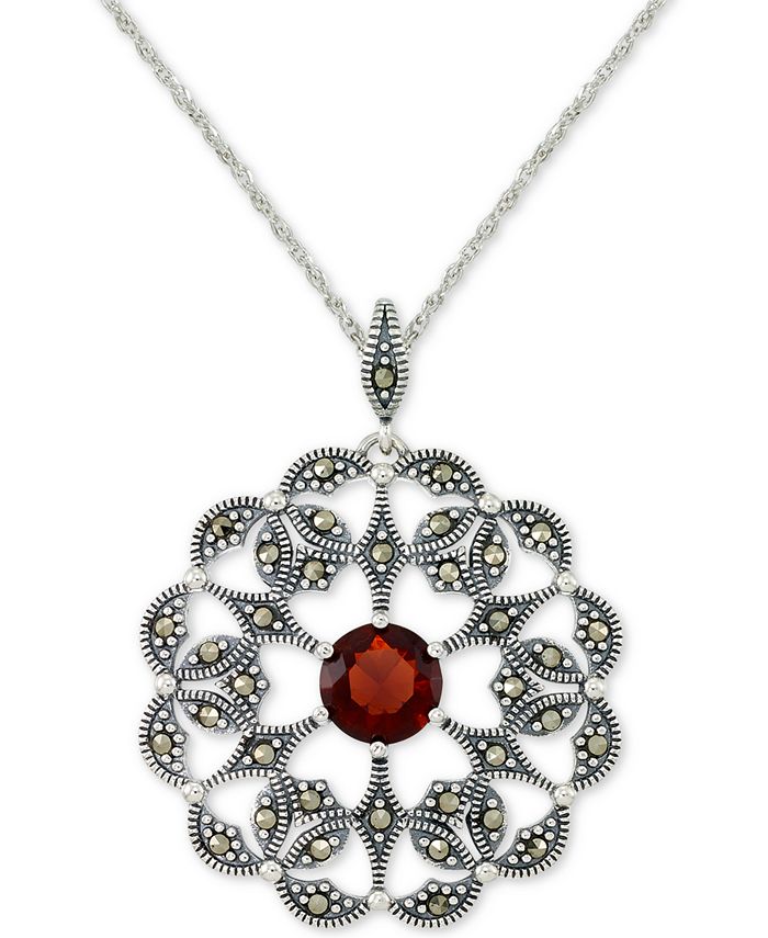 Macy's - Rhodolite Garnet (2 ct. t.w.) & Marcasite Flower 18" Pendant Necklace in Sterling Silver