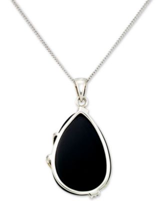 Onyx (16 x 22 x 5mm) & Marcasite Teardrop 18" Pendant Necklace in Sterling Silver