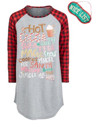 Max & Olivia - Big Girls Buffalo-Check Holiday Nightgown & Eye Shade