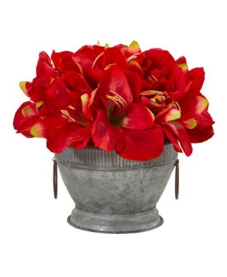 Nearly Natural - Amaryllis Arrangement in Vintage Bowl with Copper Trimming