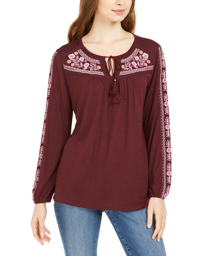 Style & Co Embroidered Tie-Neck Top, Created for Macy's & Reviews ...