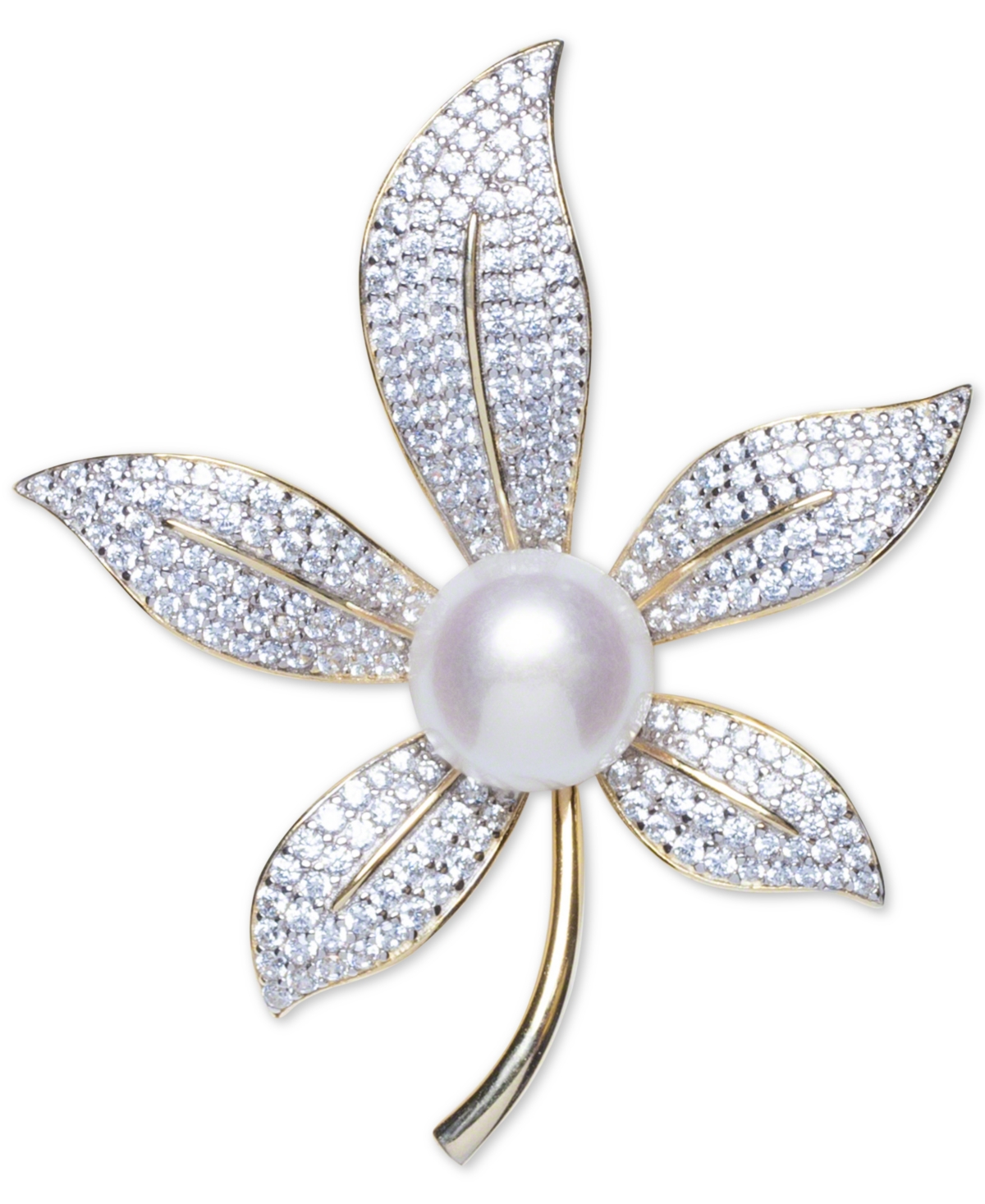 Cultured Freshwater Pearl (10mm) & Cubic Zirconia Lily Pin in Sterling Silver & 18k Gold-Plate - Gold Over Silver