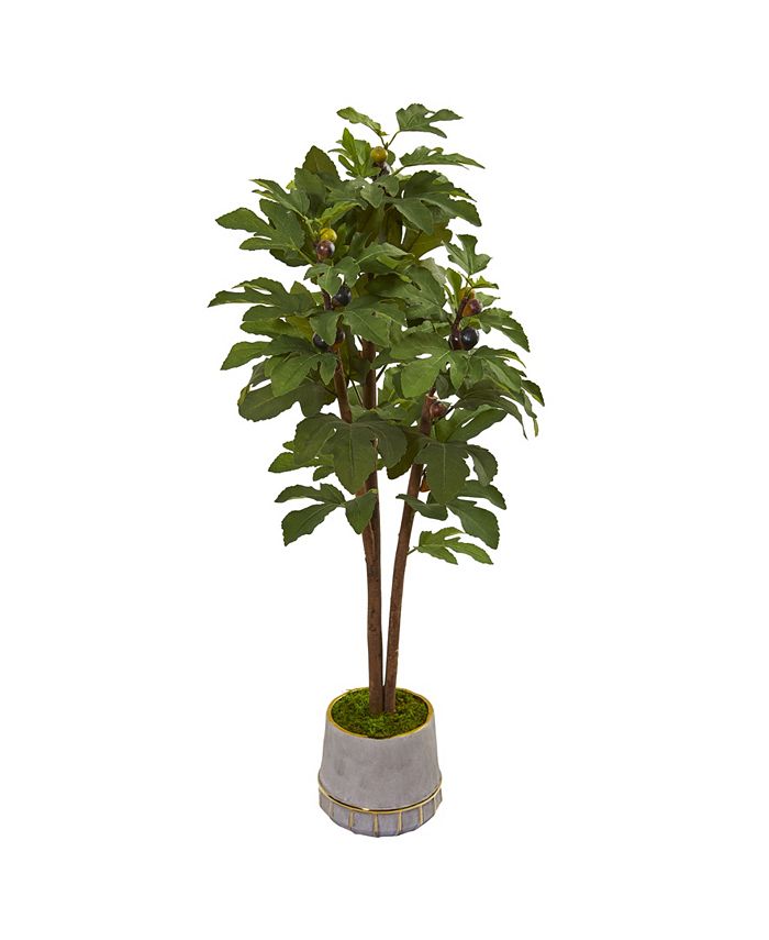 Nearly Natural - 47" Fig Artificial Tree in Stoneware Vase with Gold Trimming