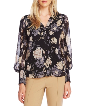 Vince Camuto Enchanted Floral High Neck Long Sleeve Chiffon Blouse In Rich Black