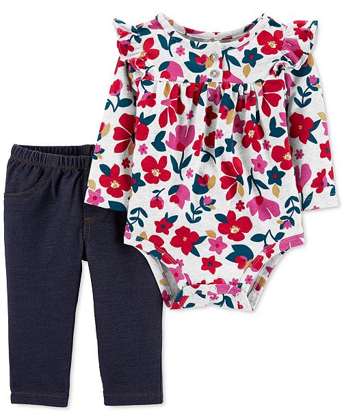 Carter S Baby Girls 2 Pc Floral Print Ruffled Bodysuit Pants Set
